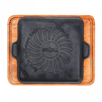 Гриль-Сковорода  квадратная из чугуна с деревянной подставкой "Brizoll" 18 х 18 x 2,5 см