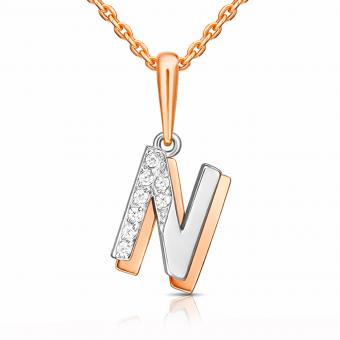Кулон буква "N" из красного/белого золота 585 пробы, с фианитами, высота ок. 21 мм