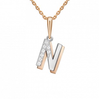 Кулон буква "N" из красного/белого золота 585 пробы, с фианитами, высота ок. 21 мм