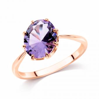 Изумительное женское кольцо из русского красного золота 585 пробы, с аметистом, ширина спереди ≈ 10 мм.