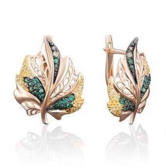 Earrings in leaf shape in rose gold 585, with colorless, yellow and green zirconia