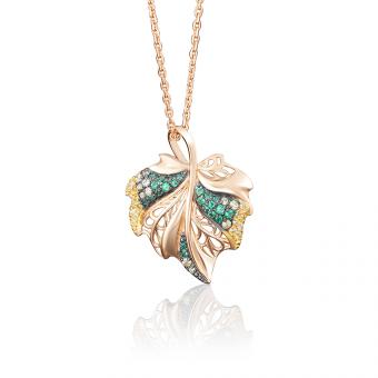 Blattförmiger Anhänger aus  Rotgold 585 mit farblosen, gelben und grünen Zirkonia
