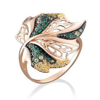 Damenring in Blattform aus 585 Rotgold mit Zirkonia, Breite ca. 20 mm