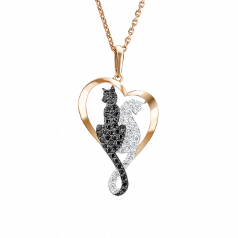 Anhänger Herz mit Katzen aus 585 Rotgold mit schwarzen und weißen Zirkonia, ca. 36 mm
