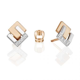 Cерьги-пусеты из красного/белого золота 585 пробы, с фианитами, размер ≈ 11x9 мм