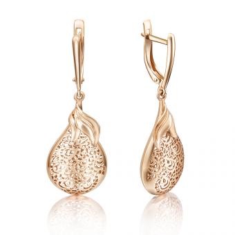 Серьги, русское красное золото 585 пробы, ширина декоративной части ≈ 14 мм, высота ≈ 42 мм