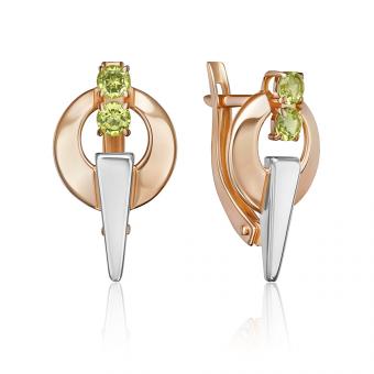 Earrings, Russian red gold 585, with chrysolite, height approx. 20 mm, diameter approx. 11 mm
