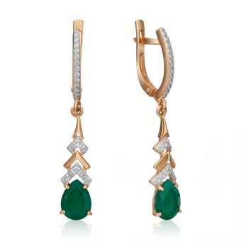 Ohrhänger, Russisches Rotgold 585, mit Chalzedon - Steingröße ca. 8х6 mm, mit Zirkonia, Höhe ca. 42 mm