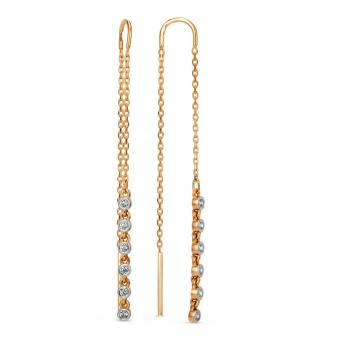 Threader earrings, russian red gold 585, with cubic zirconia, length approx. 65 mm