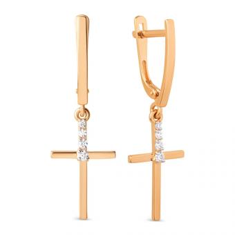 Earrings, russian red gold 585, with zirconia, height approx. 38 mm