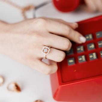 Women's ring, russian red gold 585, with zirconia, decorative part size approx. 11х11 mm, weight of the piece of jewelry: approx. 3,62 gr. 