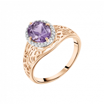 Beautiful women's ring, russian red gold 585, with amethyst and zirconia