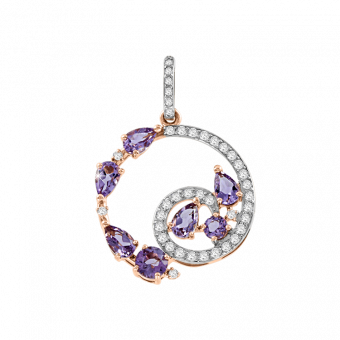 Shiny pendant, russian red gold 585, with amethysts and zirconia, height approx. 30 mm, weight of the product approx. 2,7 gr.