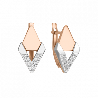 Earrings, russian red and white gold 585, with zirconia, height approx. 20 mm