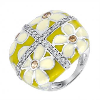 Incredible women's ring, silver 925, with yellow and white enamel, and yellow and colorless zirconia