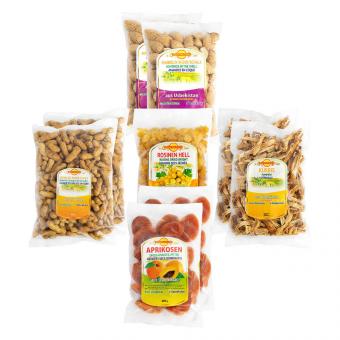 Trockenfrucht Mix Nuss Set, 9-teilig, 2 x Aprikosen, 2x Kürbis, 2x Erdnüsse, 1x Rosinen und 2x Mandeln