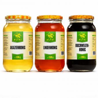Honey Trio Classic Set - meadow honey, acacia honey, buckwheat honey (3x1200g)