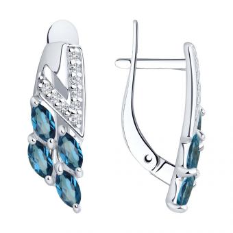 Серебряные серьги с синими топазами и фианитами