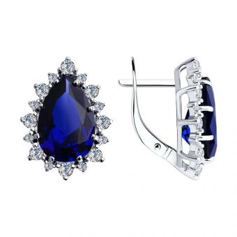 Серебряные серьги с корундом сапфировым (синт.) и фианитами