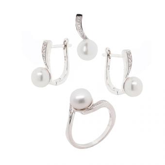 Schmuckset aus 925 Silber mit Perlen und Zirkonia: Ohrringe +Anhänger +Damenring