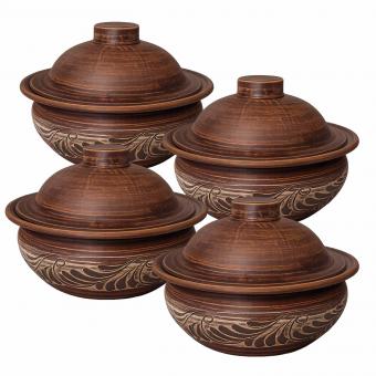 Набор из 4 керамических горшков из натуральной глины с крышками (4 горшка по 1,5 литра)