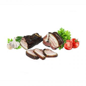Pork belly "Salzo Tschjornyj Kaban - s Dymkom", black-smoked (approx. 300 g)