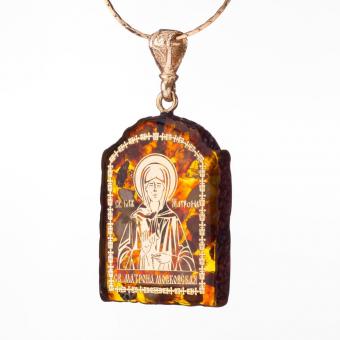 Anhänger Ikone aus Naturbernstein mit vergoldetem Gesicht der Heiligen Matrona