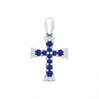 Крестик из белого золота 585 пробы с бриллиантами и сапфирами