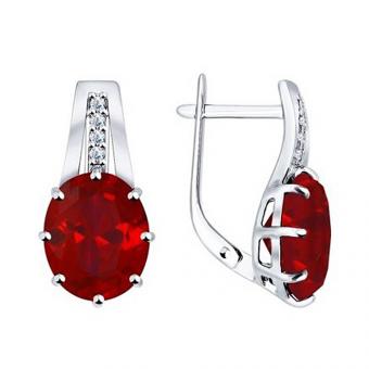 Серьги из серебра с корундами рубиновыми (синт.) и фианитами