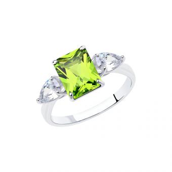 Sokolov Кольцо из серебра 925 пробы с зелёным ситаллом и фианитами