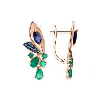 Золотые серьги с агатами, корундами и фианитам