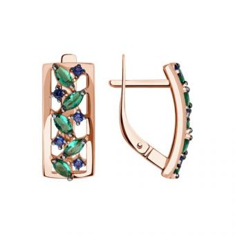 Серьги из золота 585 пробы с зелёными и синими фианитами