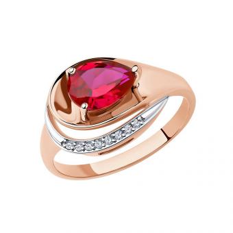 Sokolov Кольцо из красного золота 585 пробы с красным синтетическим рубином и фианитами
