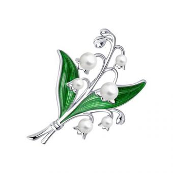 Sokolov Brosche Maiglöckchen aus 925 Silber mit Perlen und grüner Emaille