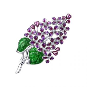 Sokolov Брошь "Ветка сирени" из серебра 925 пробы с фианитами и эмалью