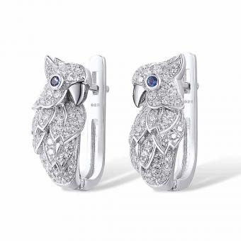 Papageien Orringe aus 925 Silber mit farblosen und blauen Zirkonia