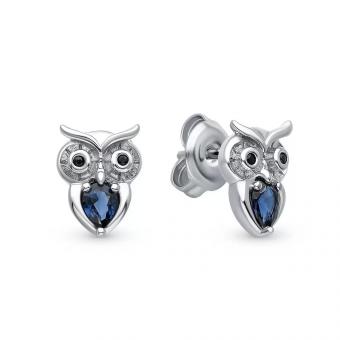Серьги-гвоздики "Сова" из серебра 925 пробы с черным цирконием и синими сапфирами синт.