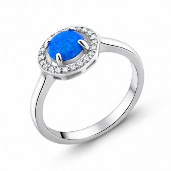 Ladies' ring in 925 silver with blue opal and zirconia