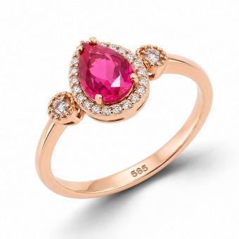Ladies' ring in 585 rose gold with red ruby and colorless zirconia