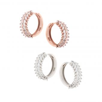 Creoles in 925 silver in herringbone pattern with zirconia, rose gold-plated
