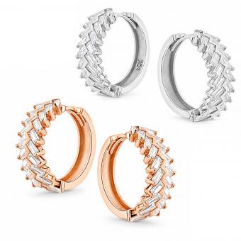 Creoles in 925 silver in herringbone pattern with zirconia, rose gold-plated