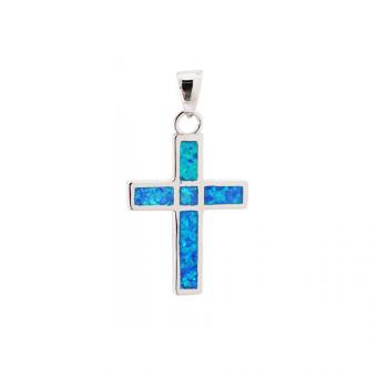 Kreuz-Anhänger aus 925 Silber mit blauem Opal + Silberkette ca. 50 cm