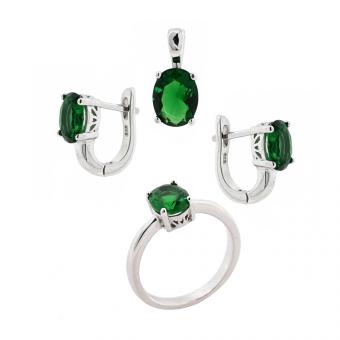 Комплект из серебра 925 пр. с зеленым цирконием: серьги +подвеска +кольцо