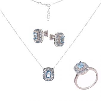 Schmuckset aus 925 Silber mit Zirkonia: Ohrstecker +Kette mit Anhänger +Ring