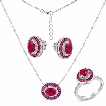 Schmuckset aus 925 Silber mit roten und weißen Zirkonia in ovaler oder Tropfenform
