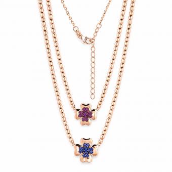 Collier aus 925 Silber mit kleinem Blumen-Anhänger und farbigen Zirkonia in rosa oder blaur mit farbigen Zirkonia, rosa oder blau