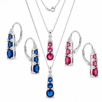 Schmuckset: Kette, Anhänger & Ohrringe aus 925 Silber mit Zirkonia, rot oder blau