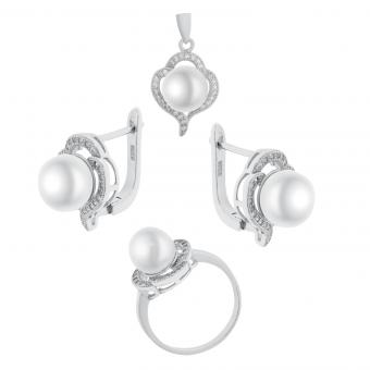 Schmuckset aus 925 Silber mit Perlen – Ohrringe, Anhänger und Damenring