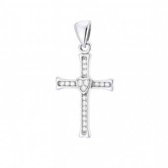 Cross pendant in 925 silver with small heart with zirconia + silver chain 