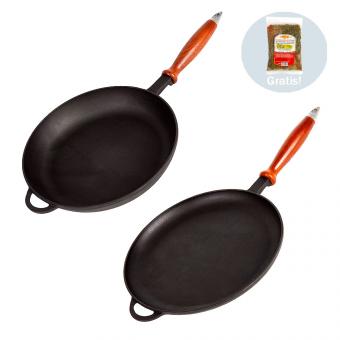 Syton Gusseisen-Pfannen-Set: Bratpfanne & Crepespfanne + Gewürzmischung 100g
